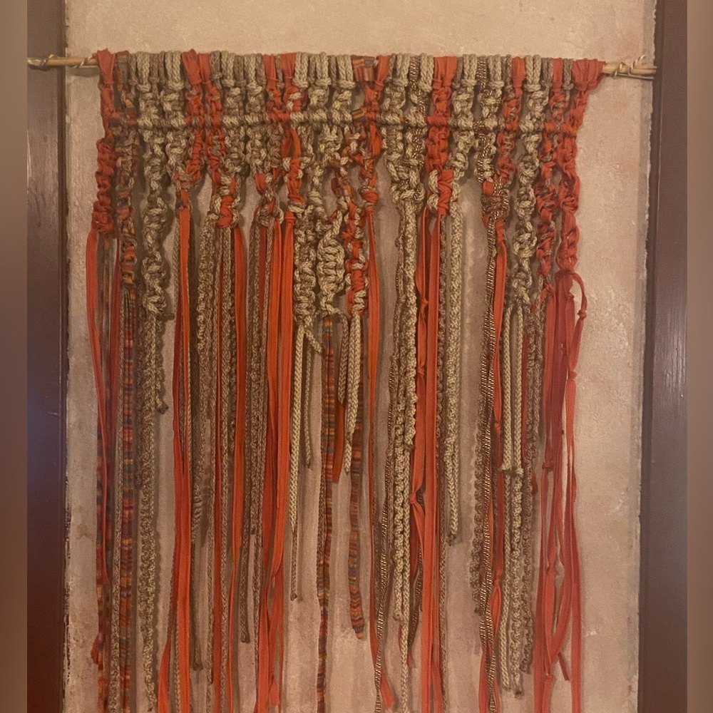 Multi Colored Multi Textural Macrame Wall Art : Orange/Cream/Brown